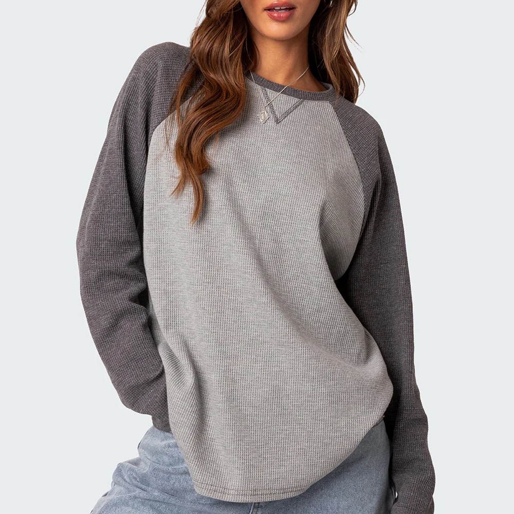 EDIKTED Grey Oversized Waffle Top